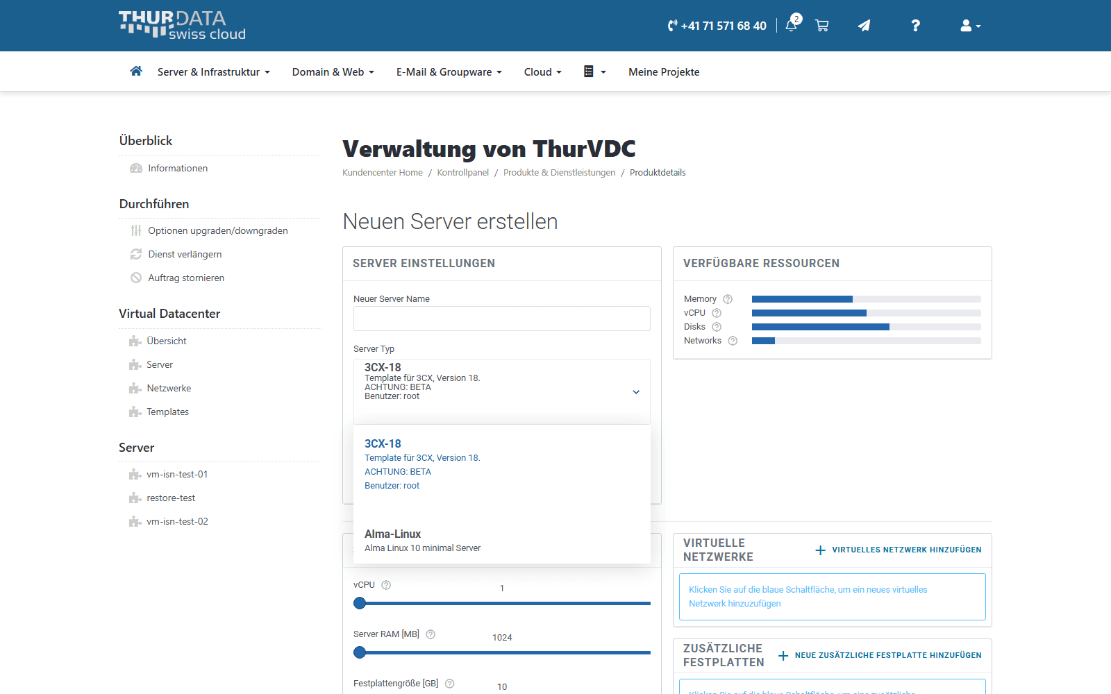 Auswahlliste der Server-Templates im ThurData-Kundenportal mit den pfSense-Versionen