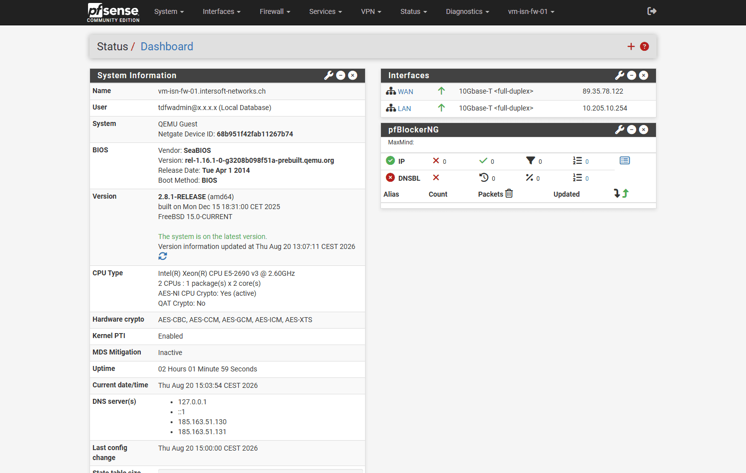 Das pfSense-Dashboard mit Systeminformationen und dem Zustand der Netzwerkanschlüsse
