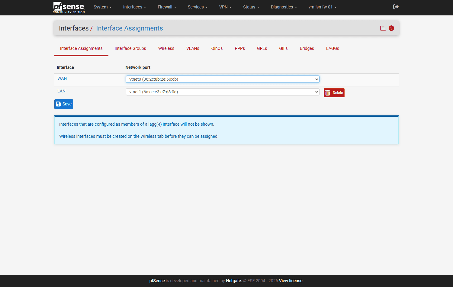 Übersichtsseite der Netzwerkanschlüsse in pfSense