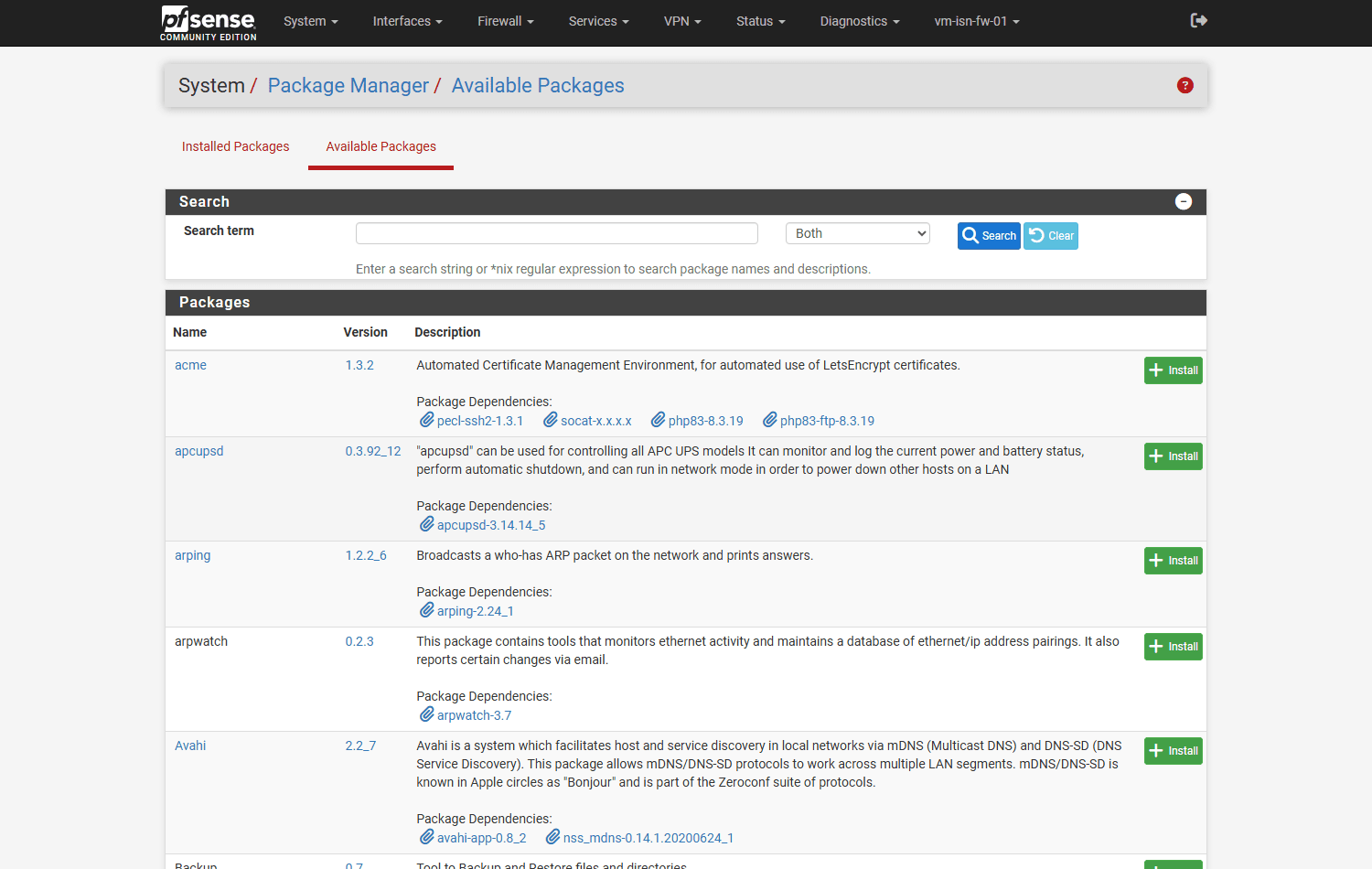 Liste der verfügbaren Zusatzpakete im pfSense-Paketmanager