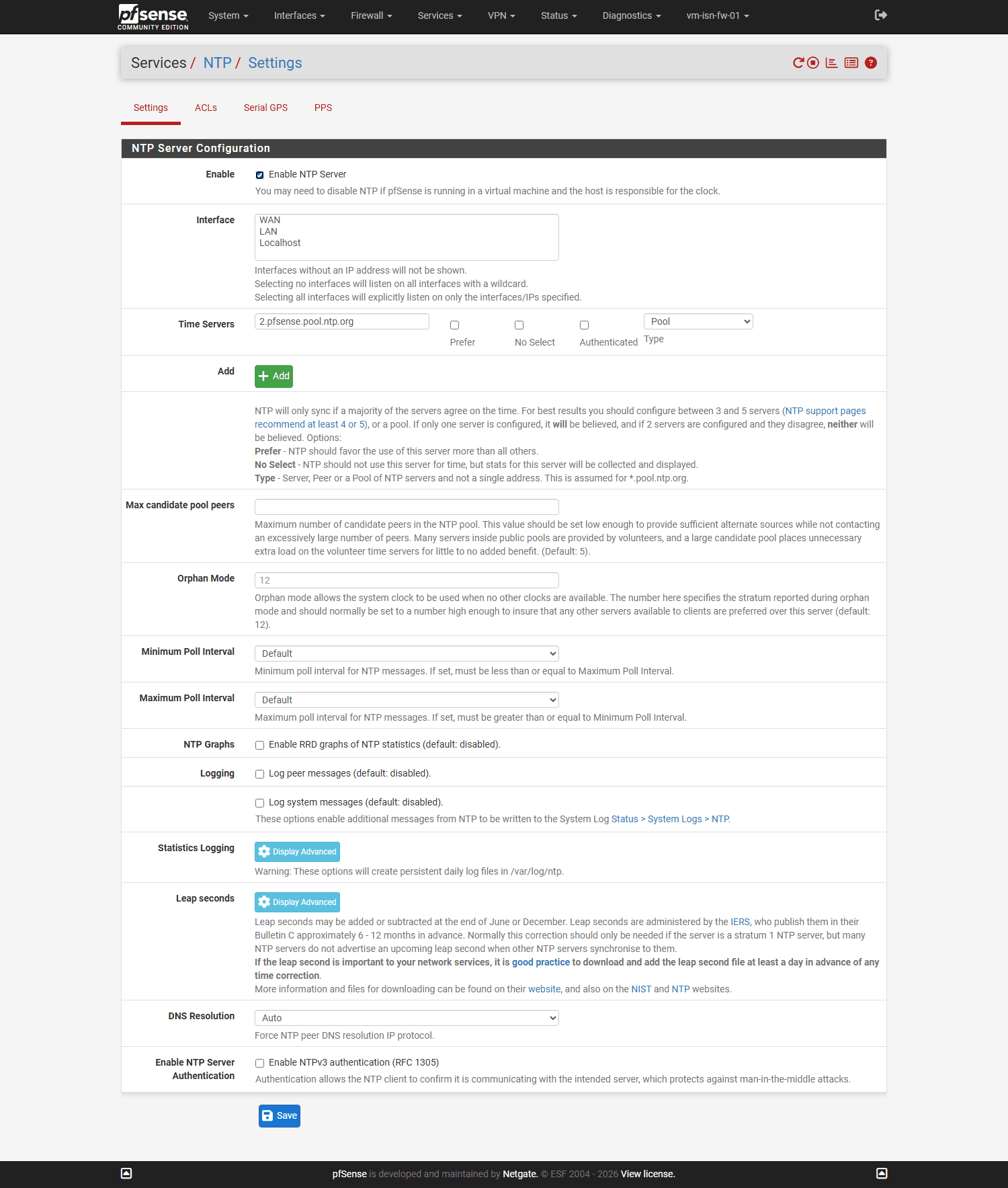 Einstellungsseite des NTP-Dienstes in pfSense