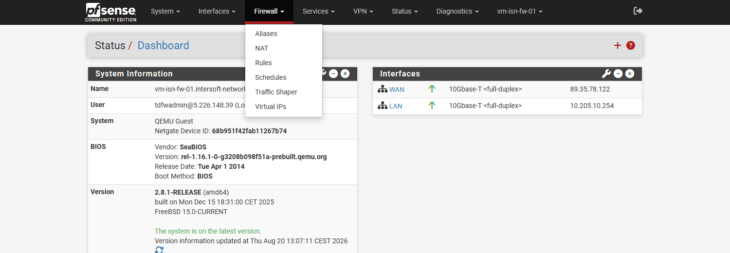 Aufgeklapptes Firewall-Menü mit den Einträgen Aliases, NAT, pfBlockerNG, Rules, Schedules