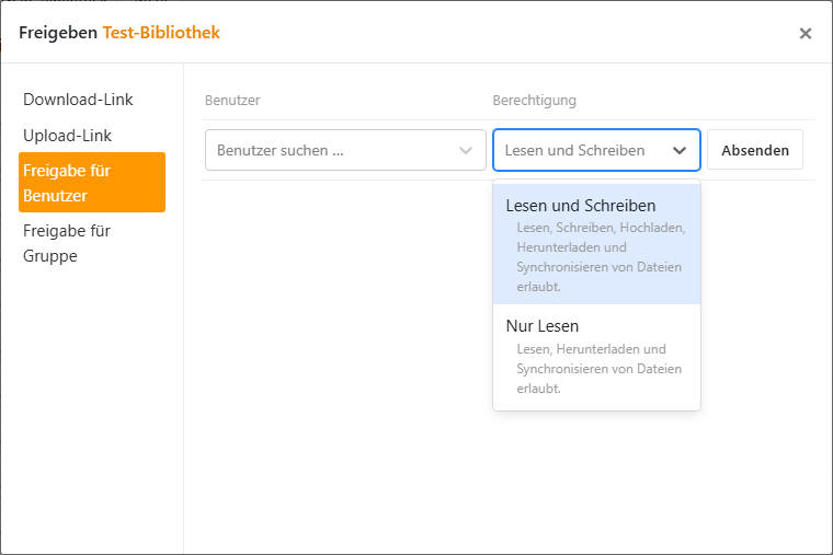 Freigabe für einen Benutzer mit Auswahl der Berechtigung