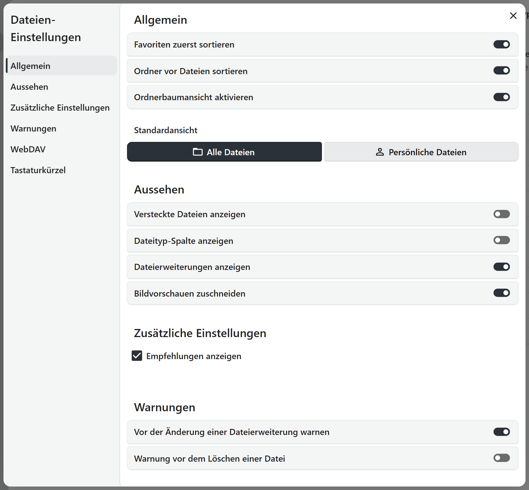 Der Bereich WebDAV in den Dateien-Einstellungen mit der Adresse