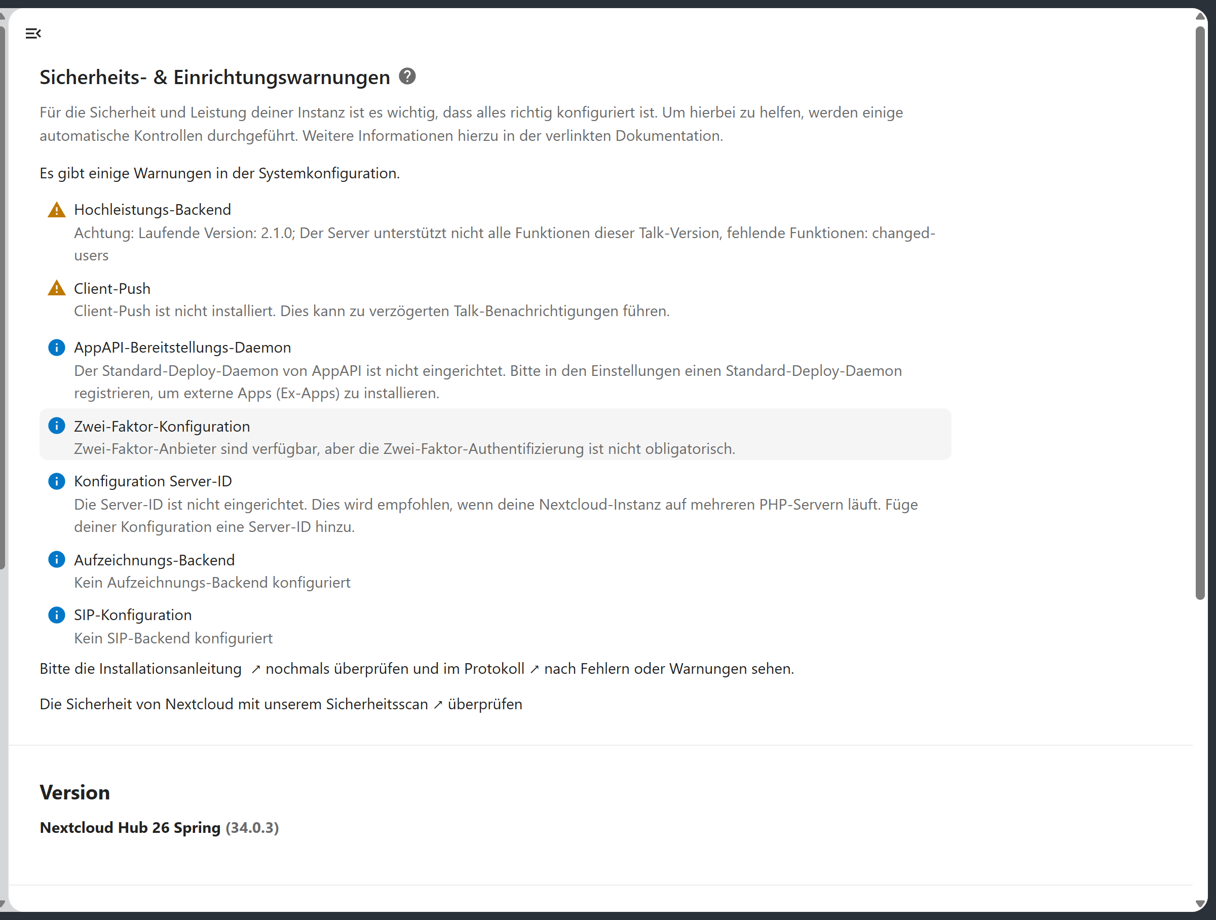 Sicherheits- und Einrichtungswarnungen