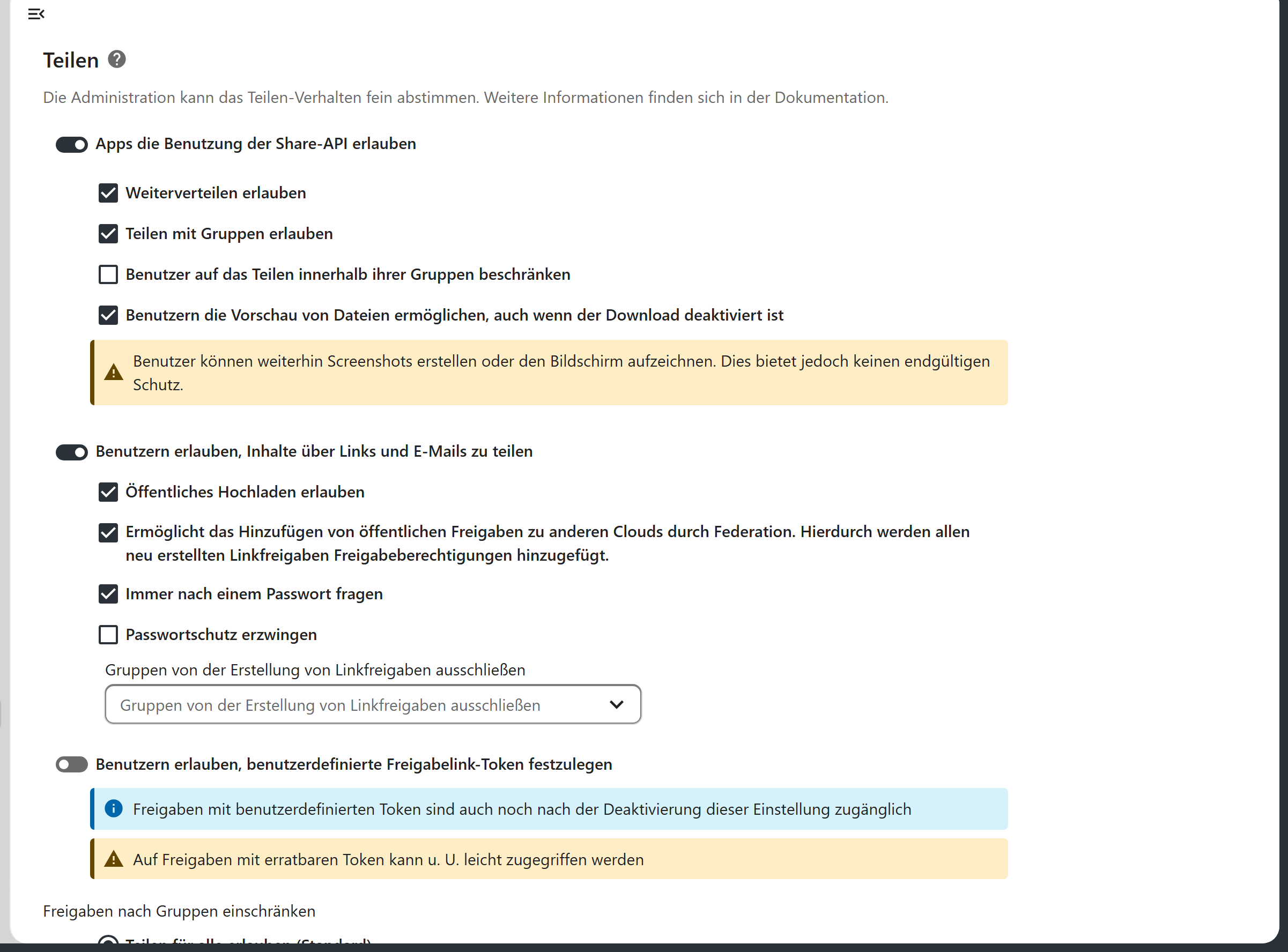 Einstellungen zu Freigaben