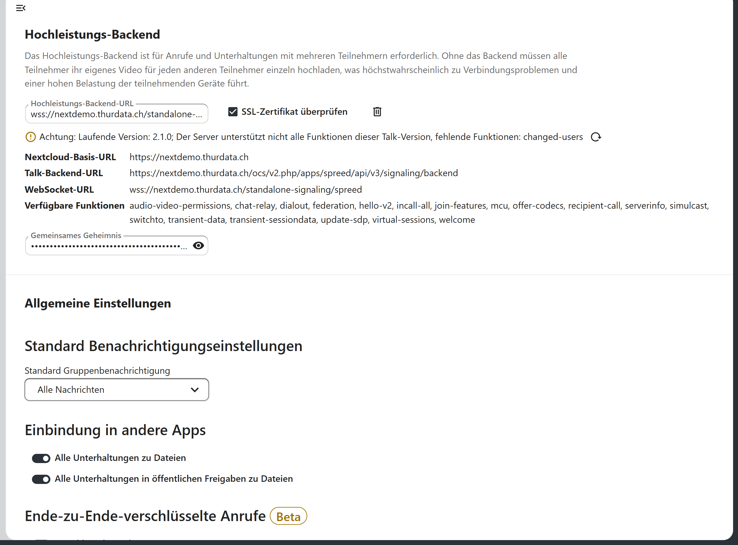 Einstellungen für Talk