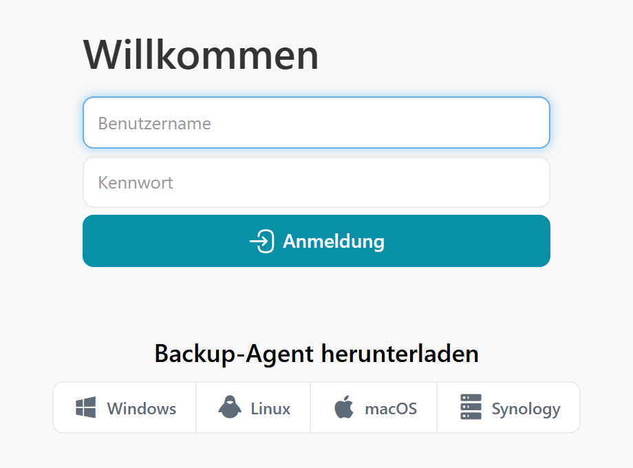 Die Anmeldeseite des ThurBackup-Portals mit den Download-Knöpfen für Windows, Linux, macOS und Synology