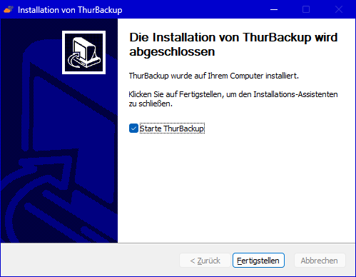 Der Abschluss der Installation mit der Option ThurBackup zu starten