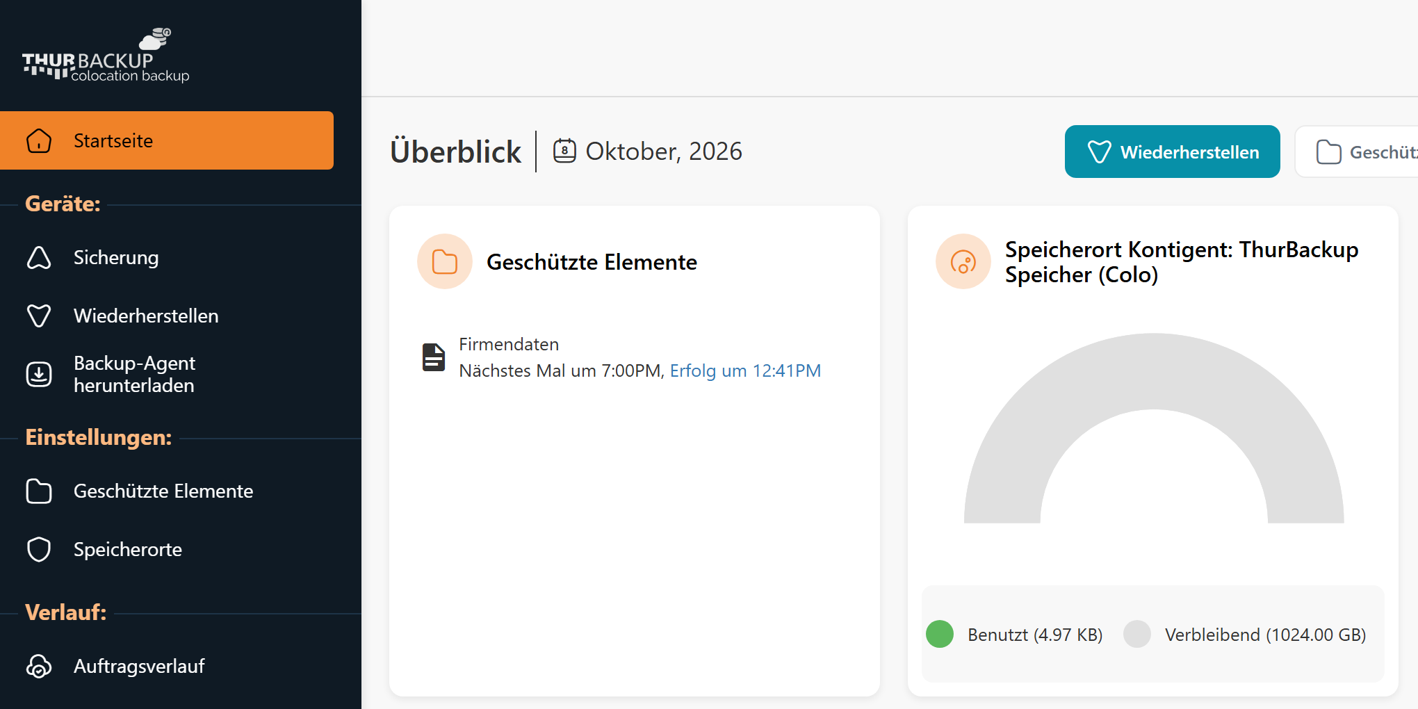 Die Übersicht im Portal mit geschützten Elementen und Speicherbelegung