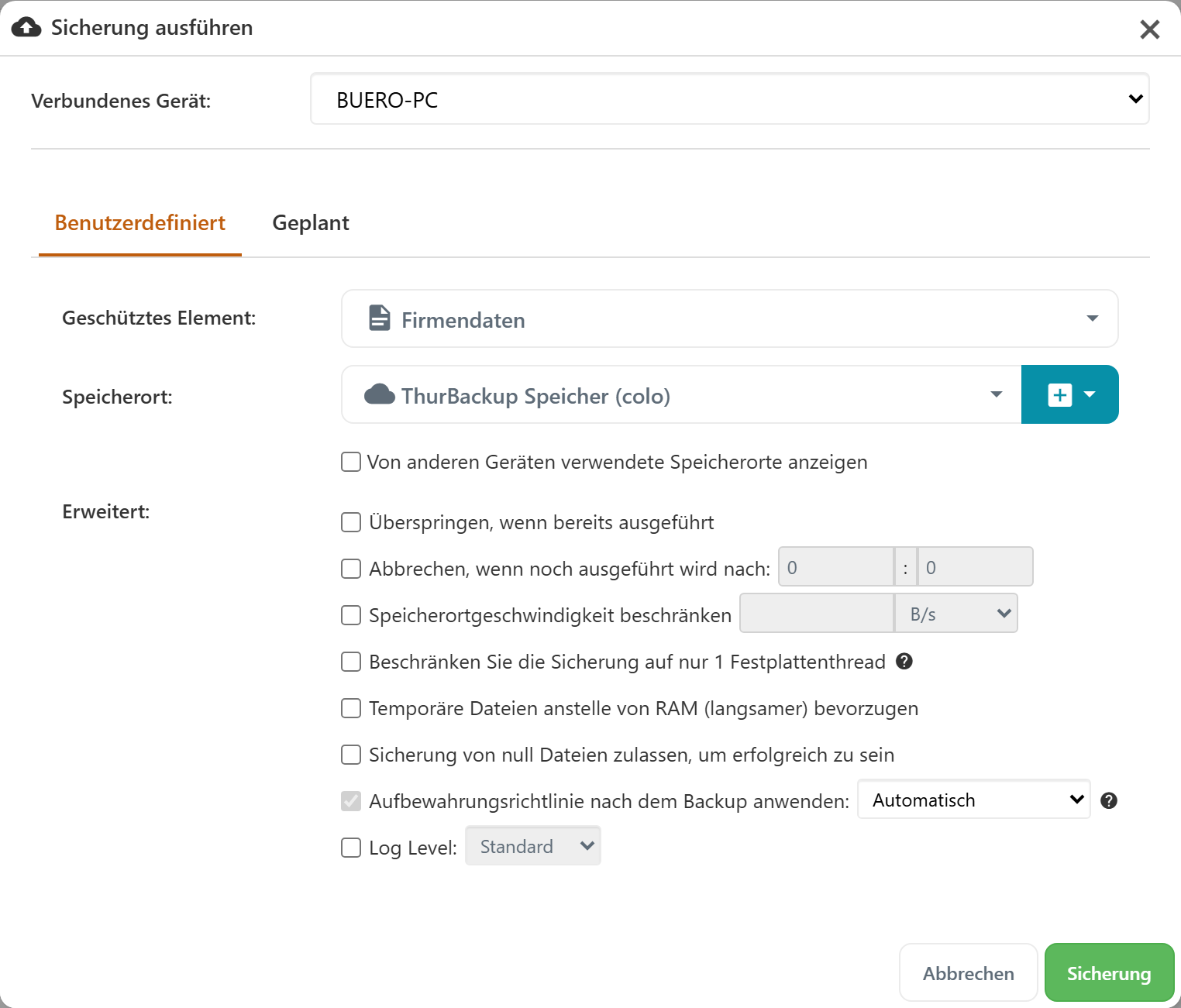 Der Dialog Sicherung ausführen im Portal mit Gerät, geschütztem Element und Speicherort