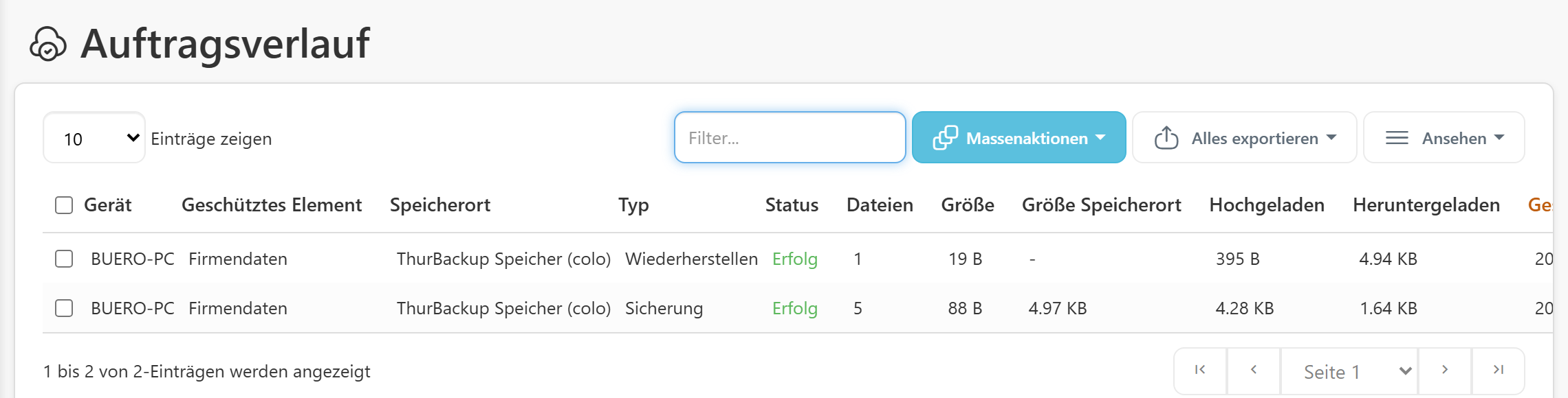 Der Auftragsverlauf im Portal mit einer Sicherung und einer Wiederherstellung