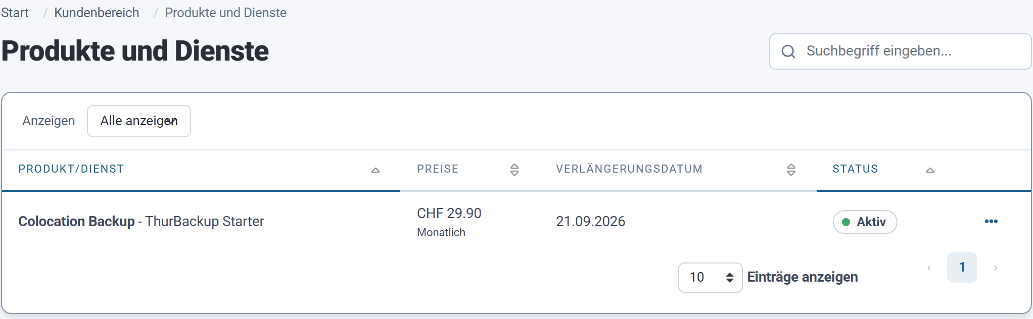 Die Liste Produkte und Dienste mit dem Dienst ThurBackup Starter