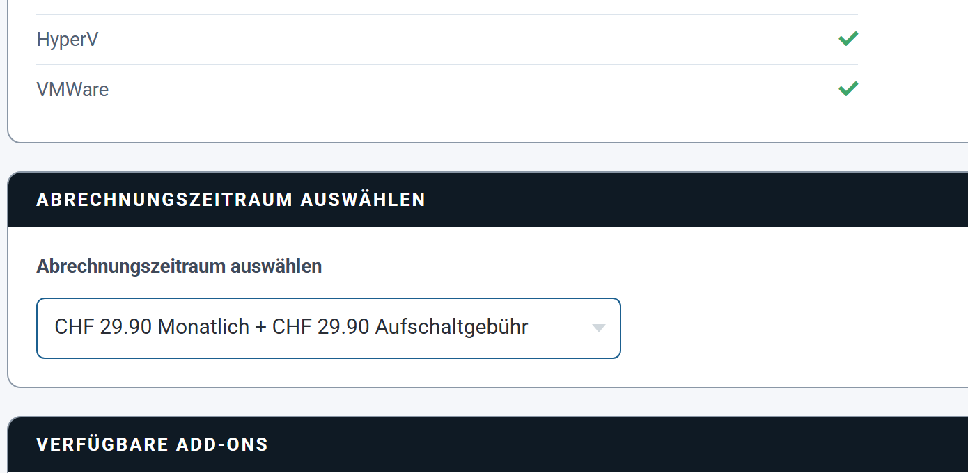 Der Warenkorb mit Abrechnungszeitraum und der Zusatzleistung Einrichtung Backup