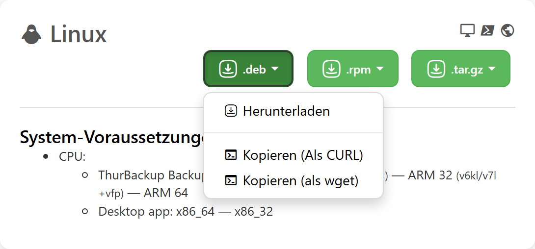 Die Linux-Karte auf der Download-Seite des Portals mit den Knöpfen .deb, .rpm und .tar.gz und dem geöffneten Menü mit Kopieren als wget