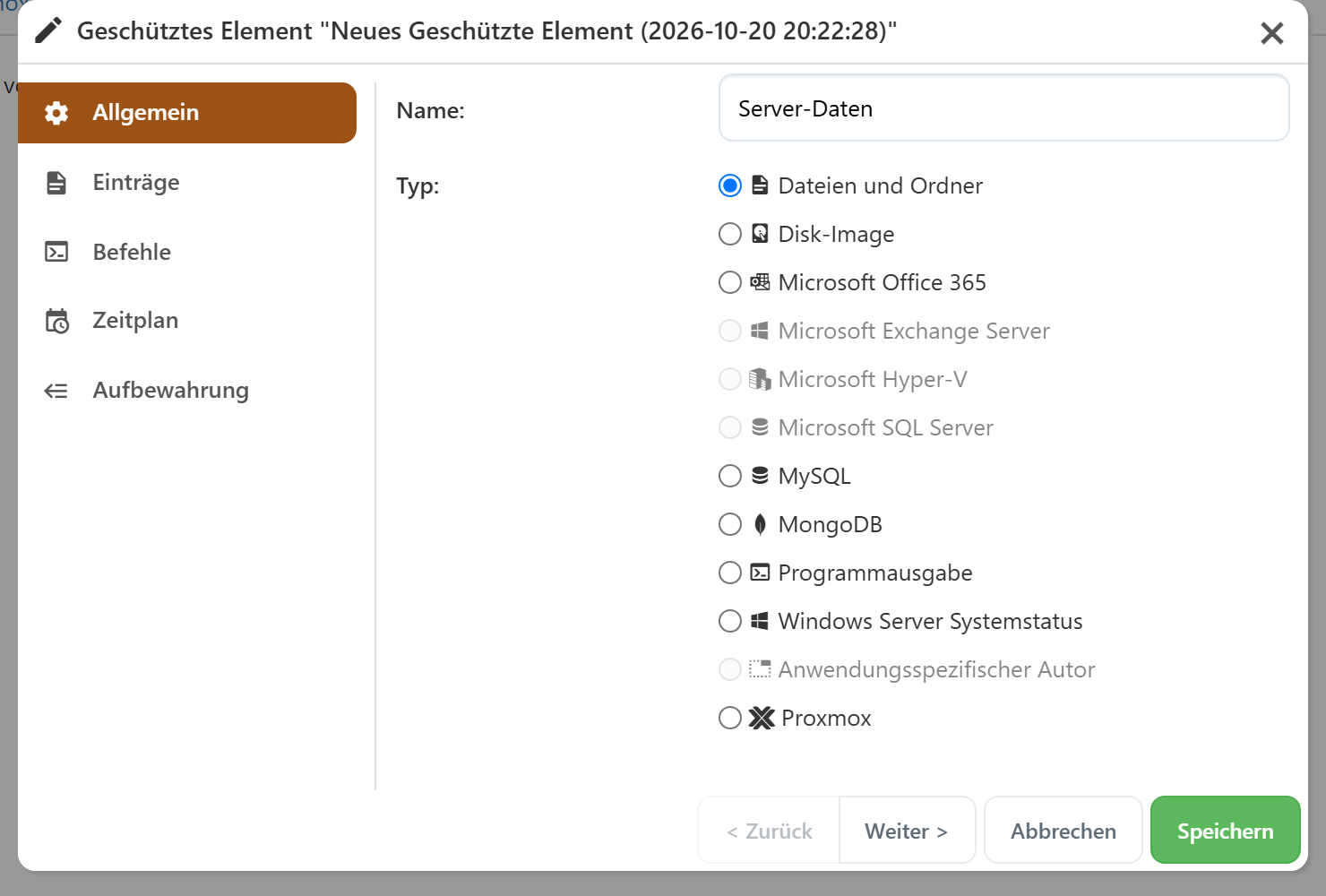 Der Dialog Geschütztes Element mit Name und der Liste der Typen von Dateien und Ordner bis Proxmox