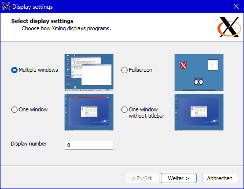 XLaunch Seite 1: Multiple windows ist gewählt, Display number 0