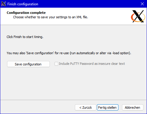 XLaunch Seite 4: Fertigstellen mit Save configuration