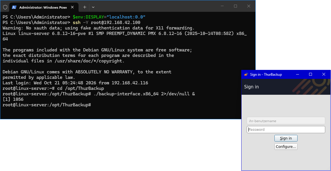 PowerShell mit den Befehlen DISPLAY setzen, ssh -Y und Start der Oberfläche, daneben das Anmeldefenster von ThurBackup