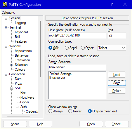 PuTTY Session: Host Name root@192.168.42.100, Saved Sessions linux-server