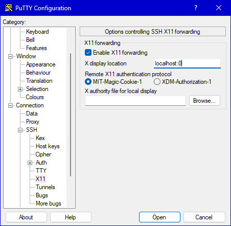PuTTY Connection SSH X11: Enable X11 forwarding ist angehakt, X display location localhost:0