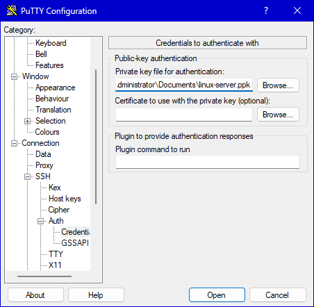 PuTTY Connection SSH Auth Credentials: Private key file mit linux-server.ppk