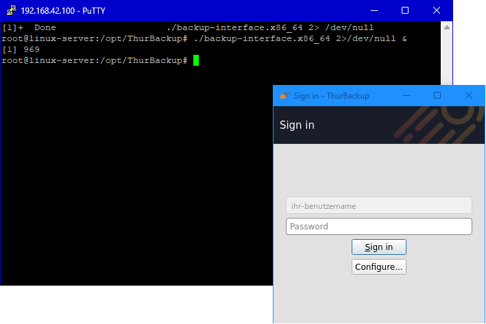 PuTTY-Fenster mit dem Startbefehl, daneben das Anmeldefenster von ThurBackup