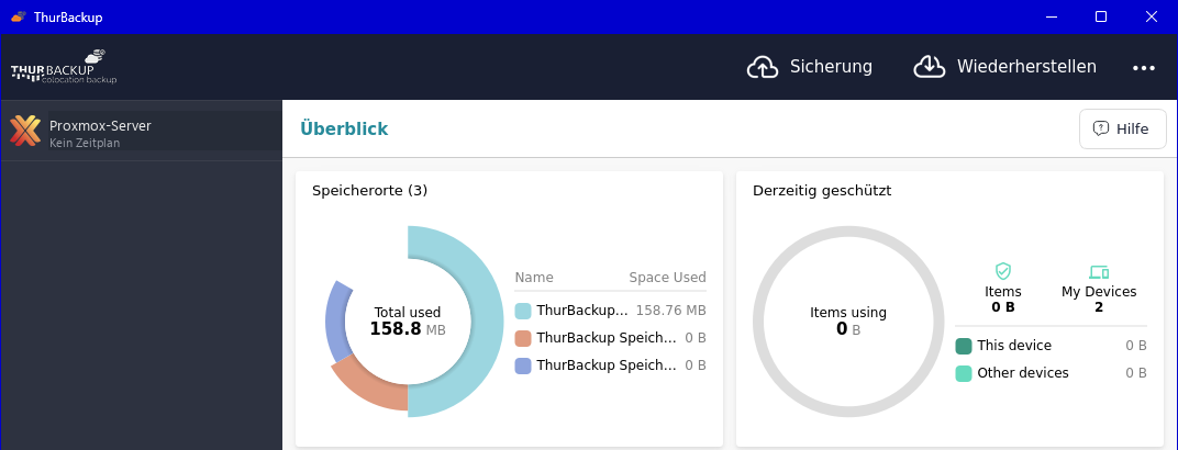 Das Hauptfenster von ThurBackup mit Überblick, Speicherorten und dem Knopf Sicherung