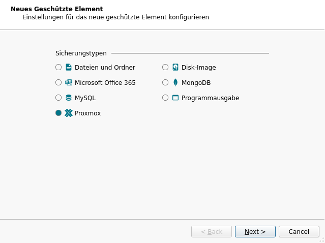 Dialog Neues geschütztes Element mit den Sicherungstypen, Proxmox ist gewählt