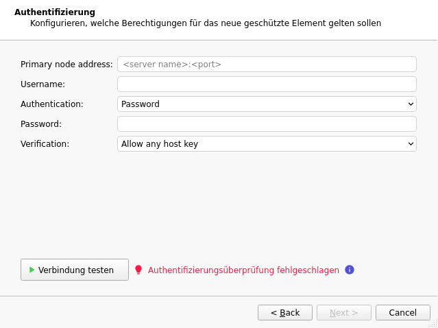 Dialog Authentifizierung mit Primary node address, Username, Authentication und Verbindung testen