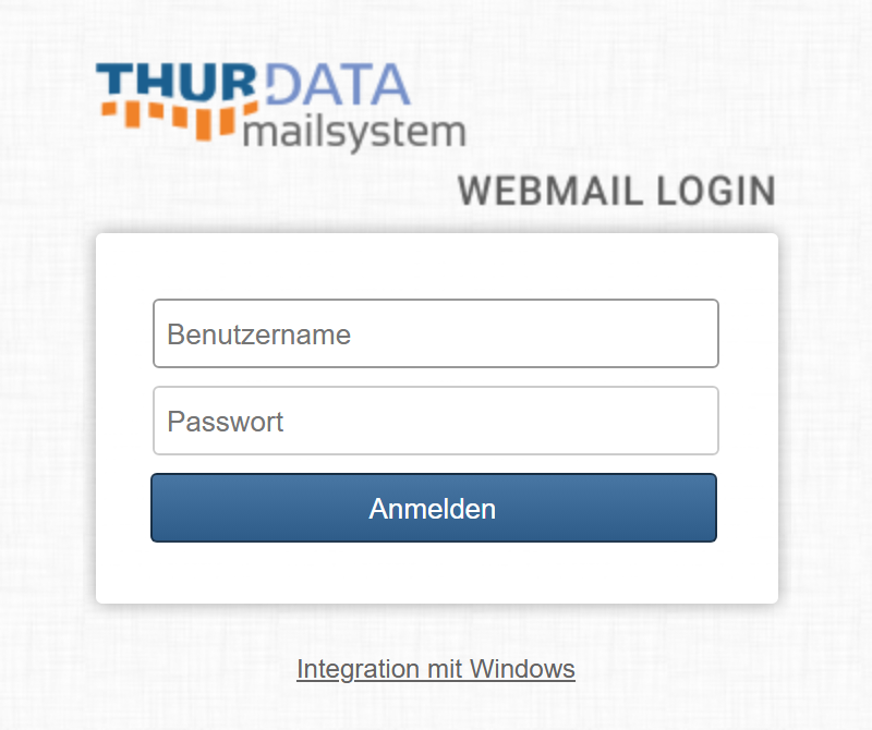 Die Anmeldeseite des ThurData-Mailsystems mit den Feldern Benutzername und Passwort