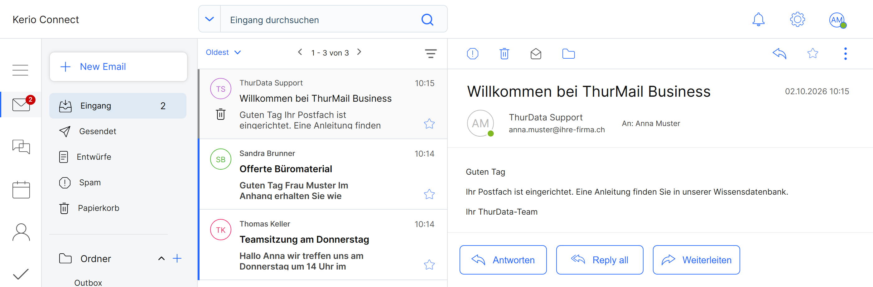Der Posteingang im Webmail mit drei Nachrichten und einer geöffneten Nachricht