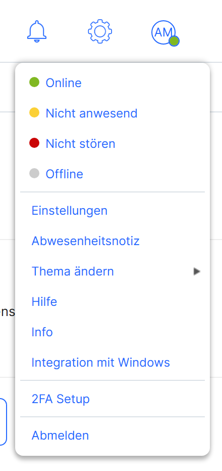 Das Benutzermenü mit Status, Einstellungen, Abwesenheitsnotiz und Abmelden
