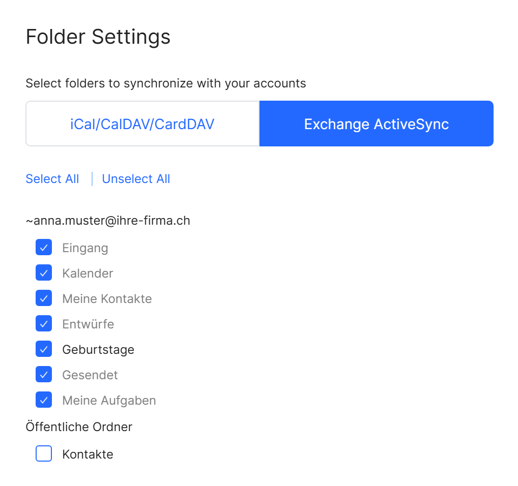 Die Auswahl der Ordner, die per Exchange ActiveSync auf das Handy kommen