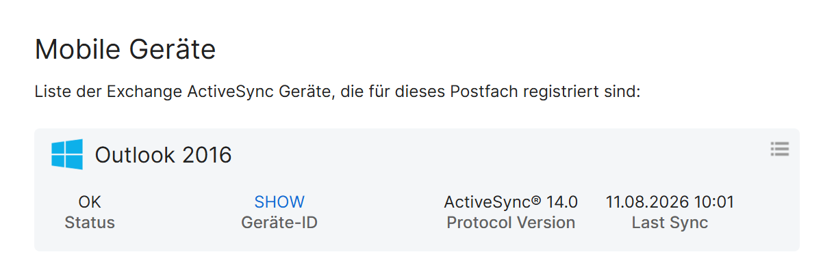 Die Liste der verbundenen Geräte mit Status und letzter Synchronisation
