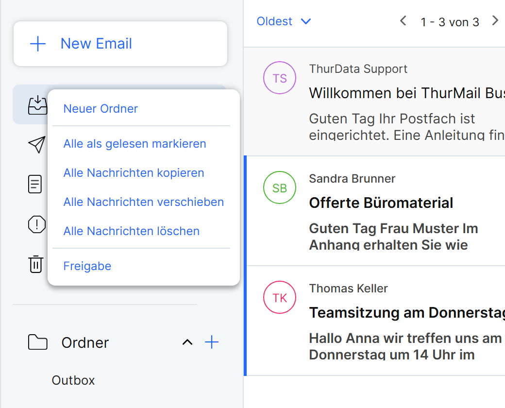 Das Kontextmenü des Posteingangs mit dem Eintrag Freigabe
