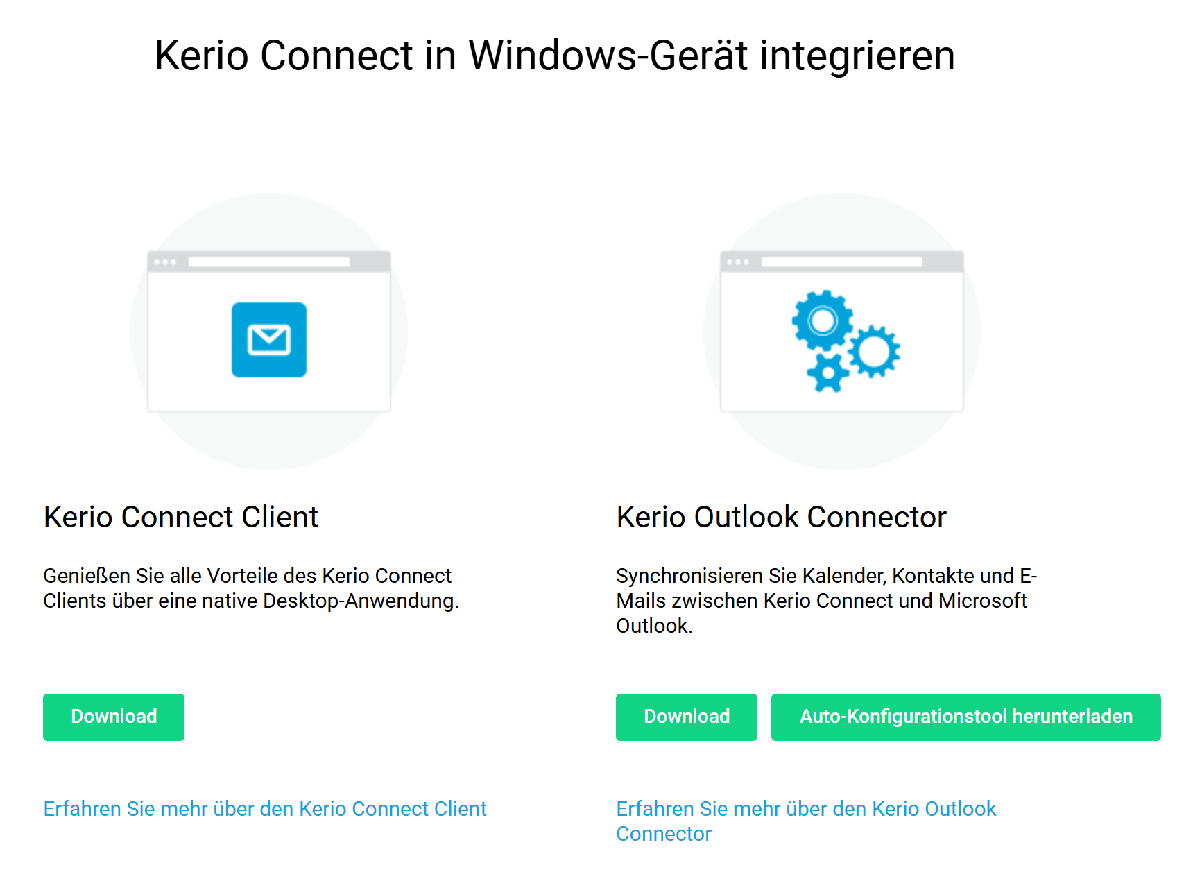 Die Integrationsseite mit den Downloads für den Kerio Connect Client und den Kerio Outlook Connector