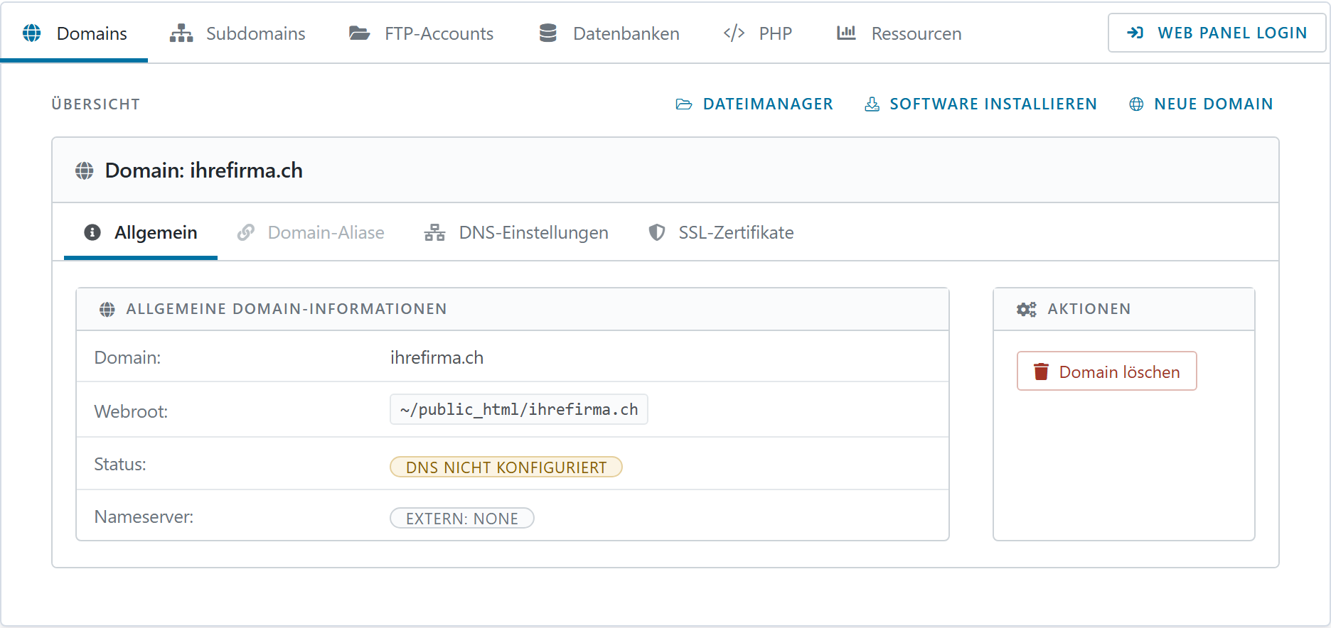 Das ThurData Kontrollzentrum mit den Bereichen Domains, Subdomains, FTP-Accounts, Datenbanken, PHP und Ressourcen