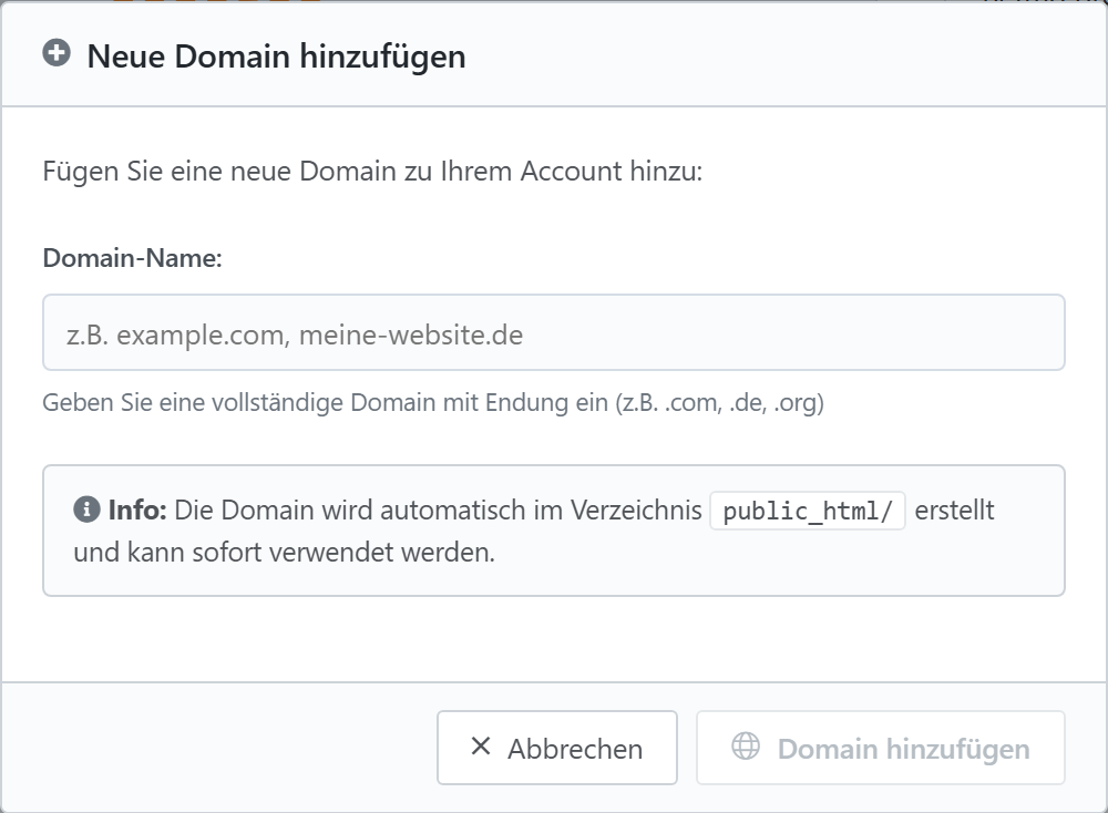 Der Dialog zum Anlegen einer neuen Domain mit Eingabefeld für den Domainnamen