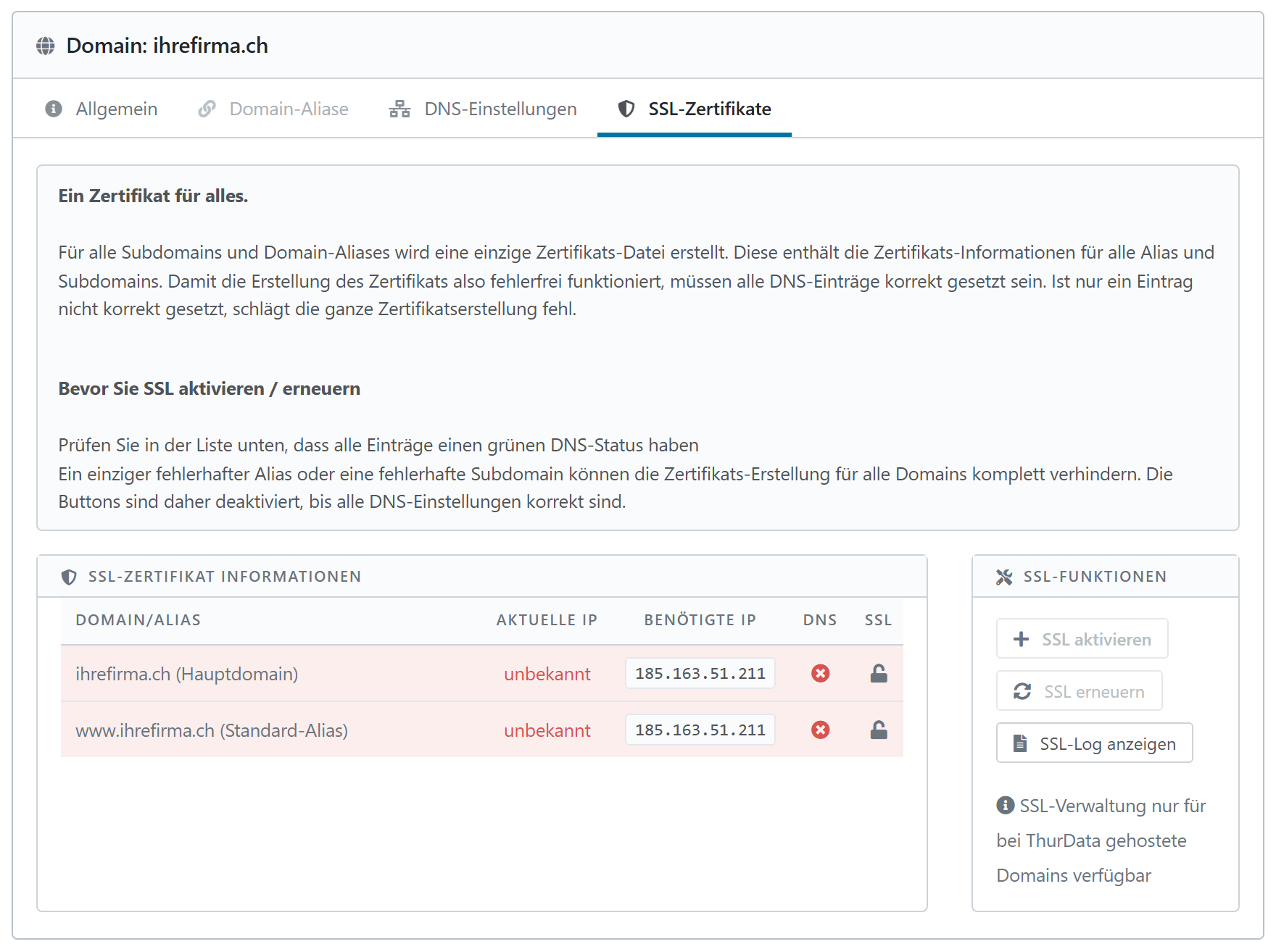 Der Reiter SSL-Zertifikate mit der Tabelle aller Adressen und ihrem DNS- und SSL-Status