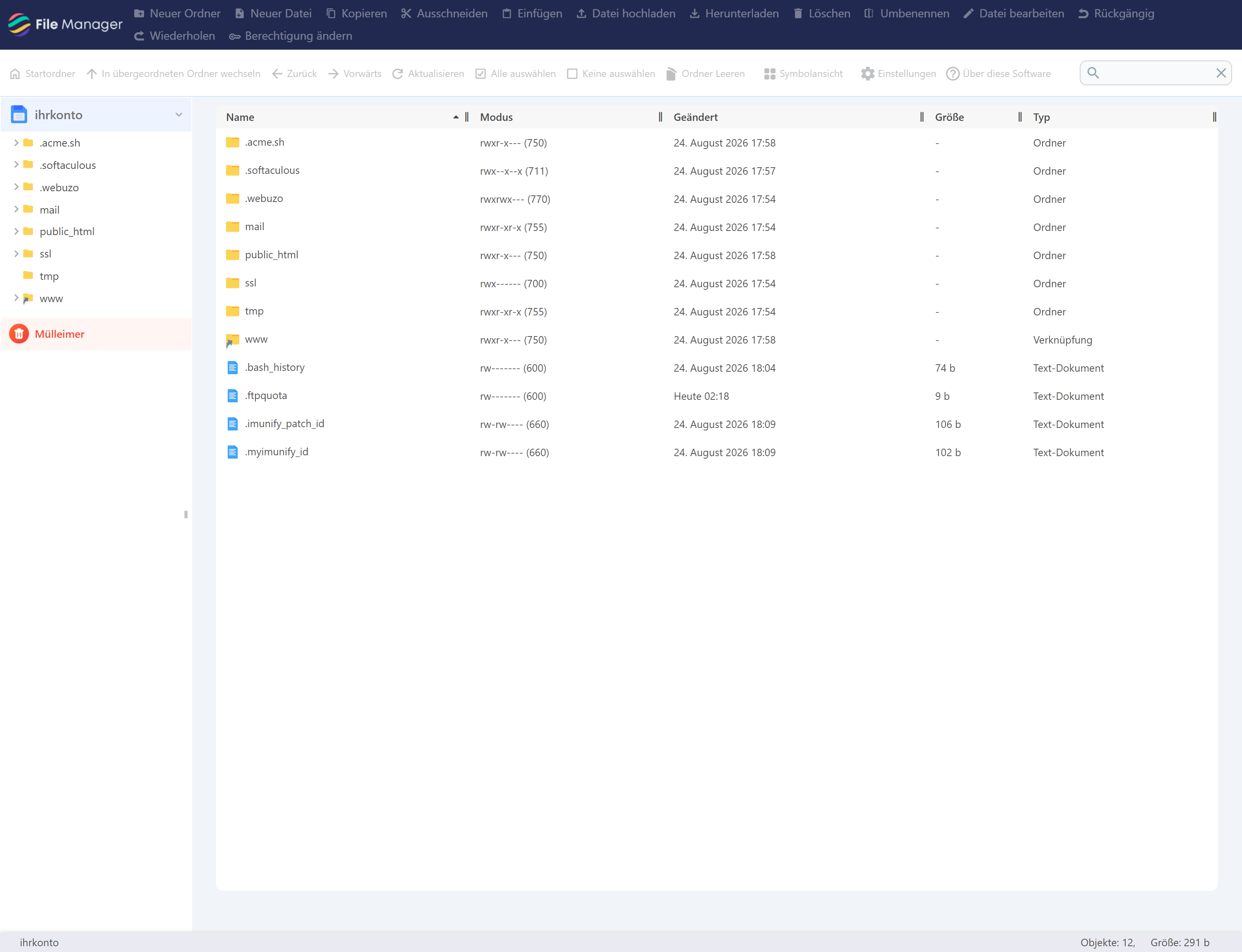 Der Dateimanager im Panel mit Verzeichnisbaum und Dateiliste