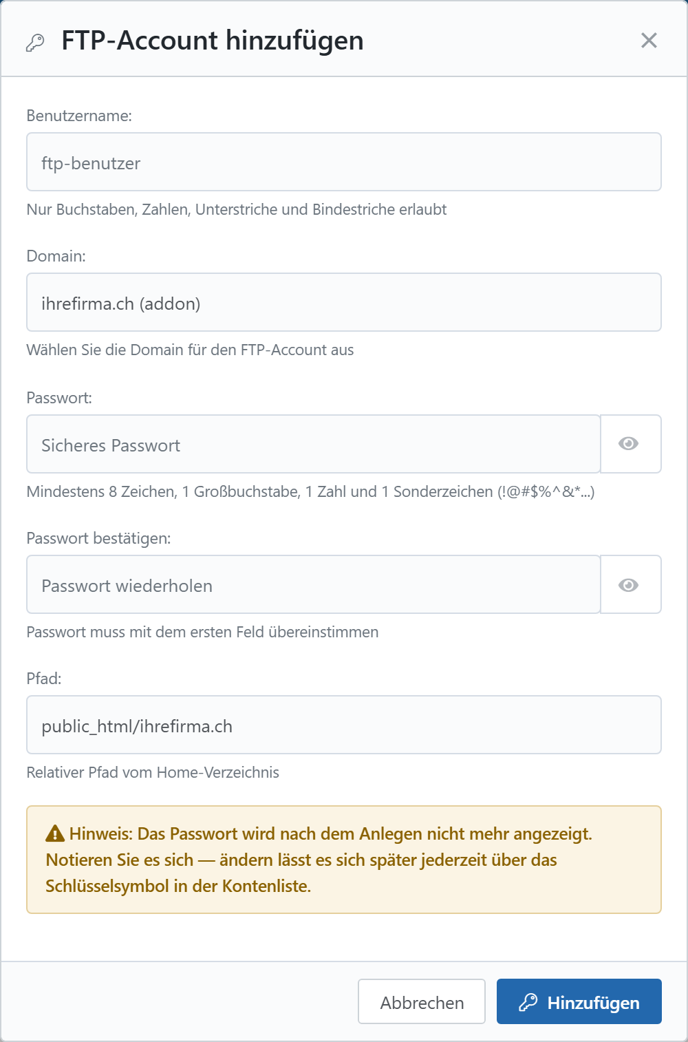 Der Dialog zum Anlegen eines FTP-Zugangs mit Benutzername, Domain, Passwort und Pfad