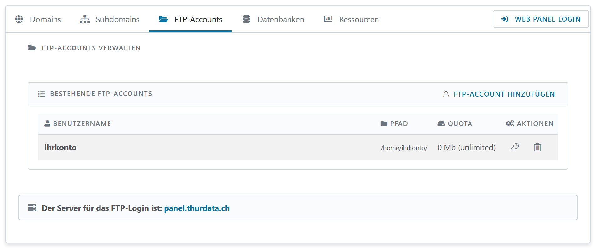 Die Liste der FTP-Zugänge mit den Aktionen Passwort ändern und Löschen