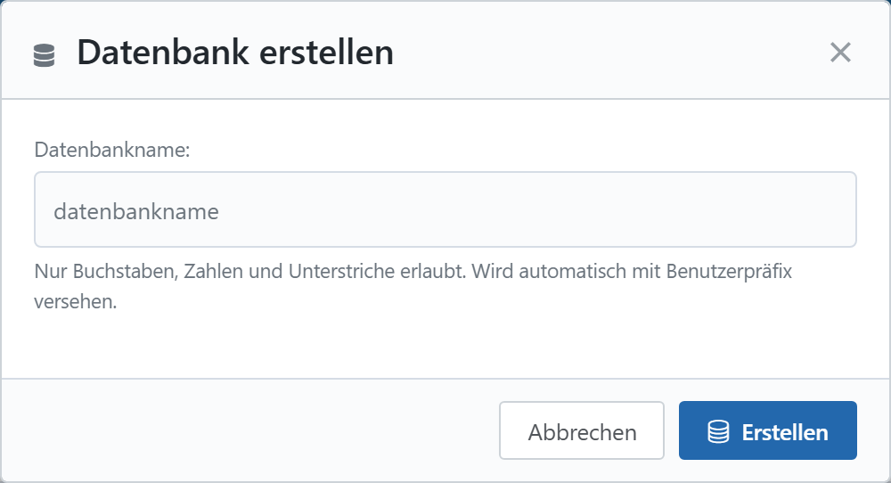 Der Dialog zum Anlegen einer Datenbank