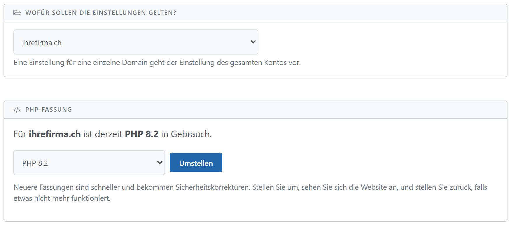 Die Ortsauswahl im Reiter PHP und darunter die PHP-Fassung der gewählten Domain