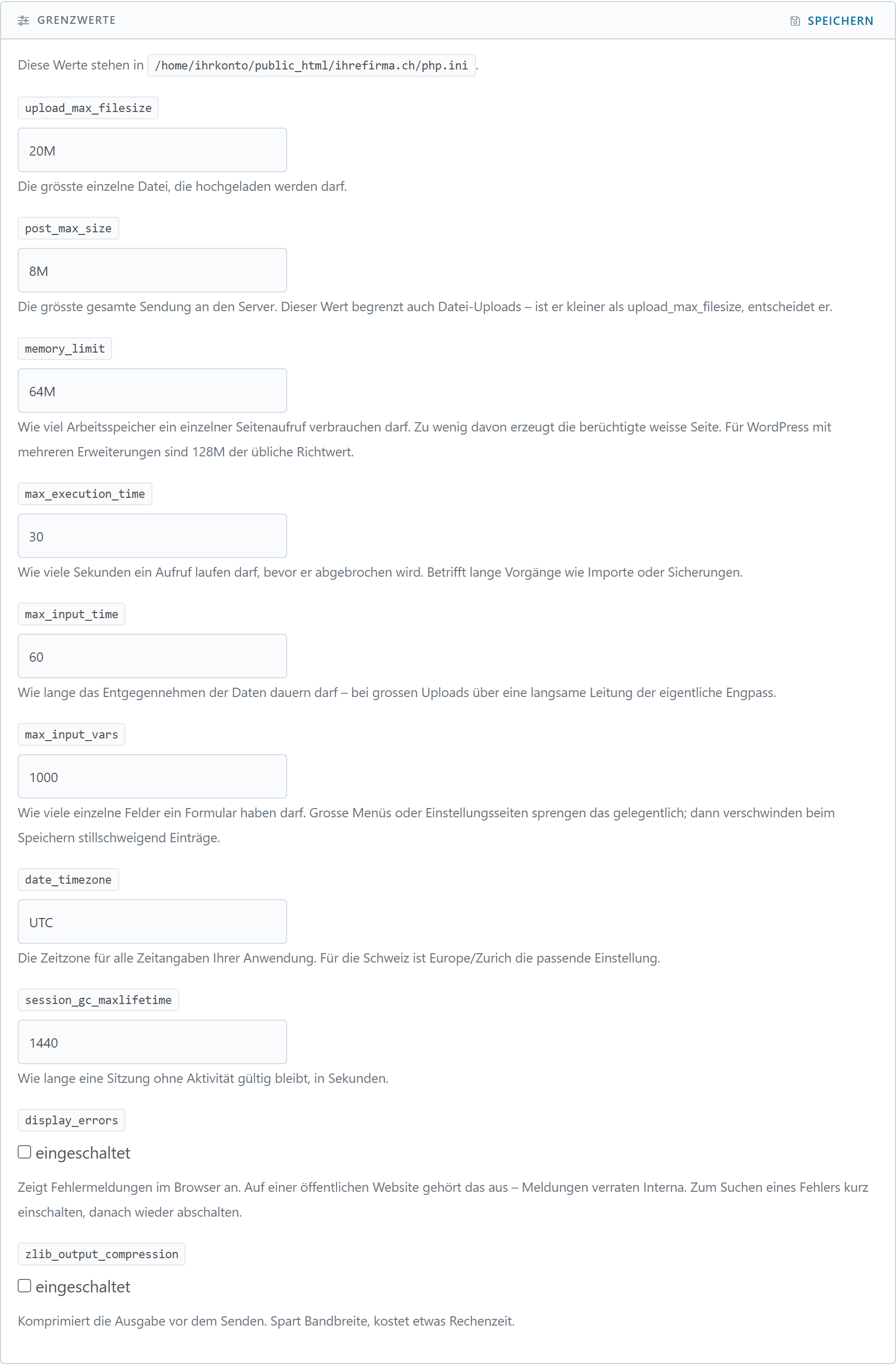 Die Grenzwerte im Reiter PHP, jeder mit einer Erklärung darunter