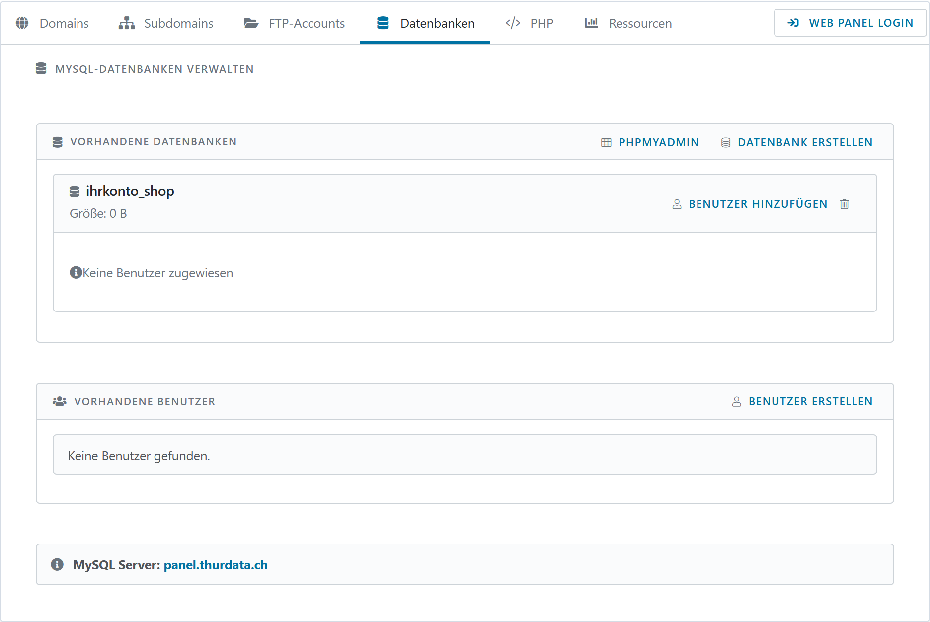 Der Reiter Datenbanken mit der Liste der Datenbanken und dem Knopf phpMyAdmin