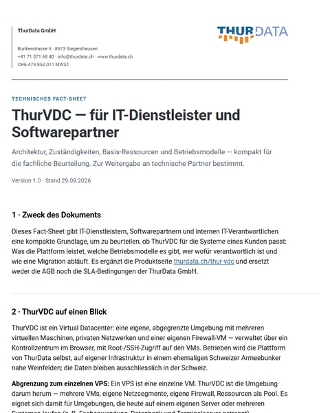 Erste Seite des ThurVDC Fact-Sheets mit Briefkopf, Titel und Zweck des Dokuments