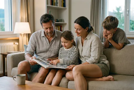Familie auf dem Sofa blättert gemeinsam durch ein Fotobuch