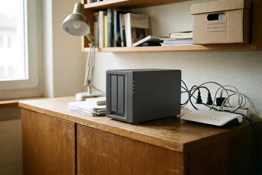 Netzwerkspeicher mit Kabelsalat auf einem Sideboard im Wohnzimmer